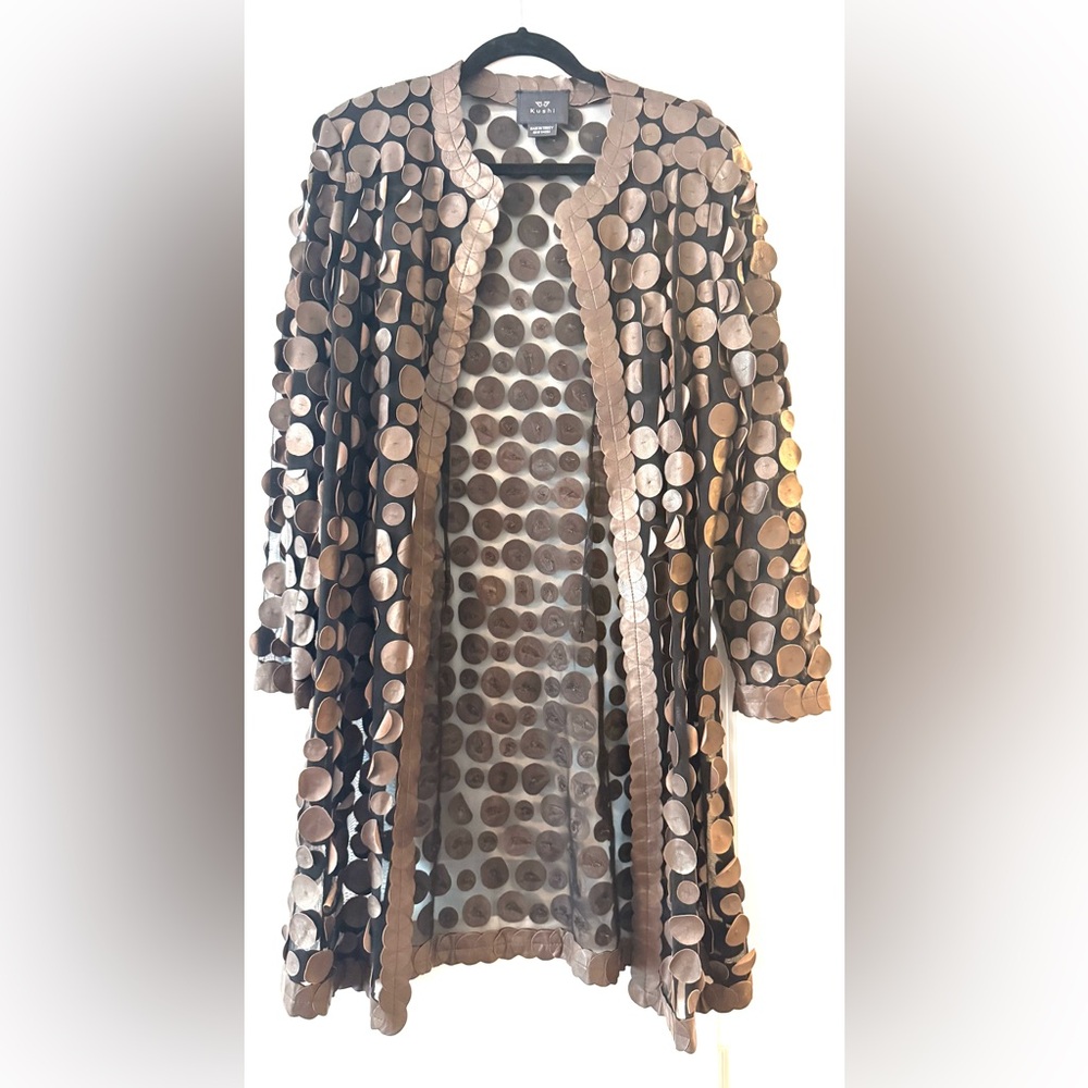 Brown Leather on Mesh-dot Design tunic length jacket